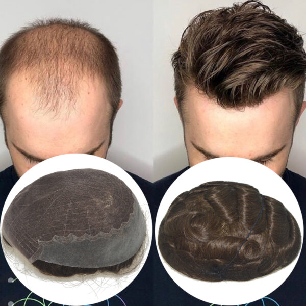 q6 toupee for men lace & pu base hairpiece human hair replacement system unit color wig for men 6" male hair prosthesis