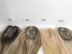 3x5 stock clip in mono hair topper for the thinning top crown 100% european human hair brown highlight with a lot of colors in stock